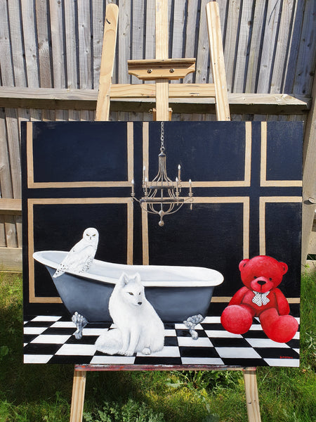 Snowy, Lady Lisa and Red in the Bathroom