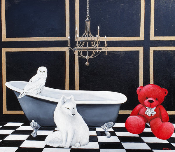 Snowy, Lady Lisa and Red in the Bathroom