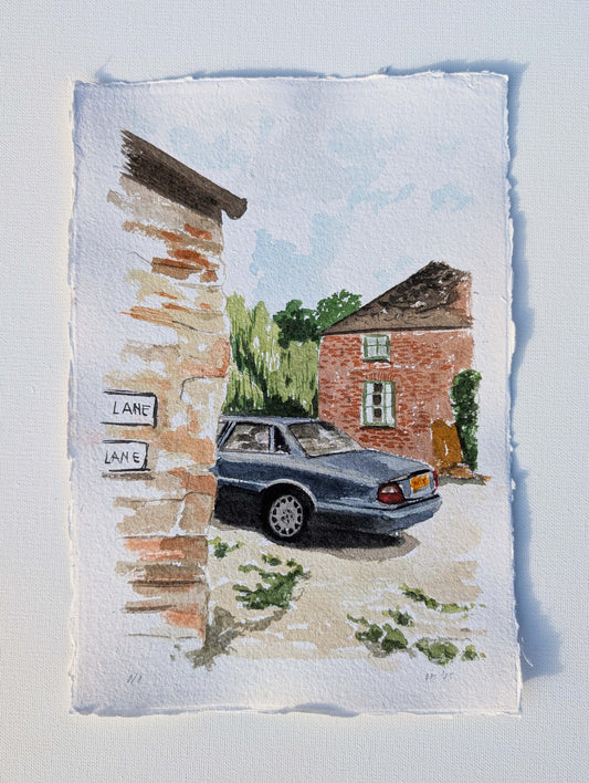 Watercolour painting of a dark Jaguar saloon parked beside a country brick building, by Daniela Militaru