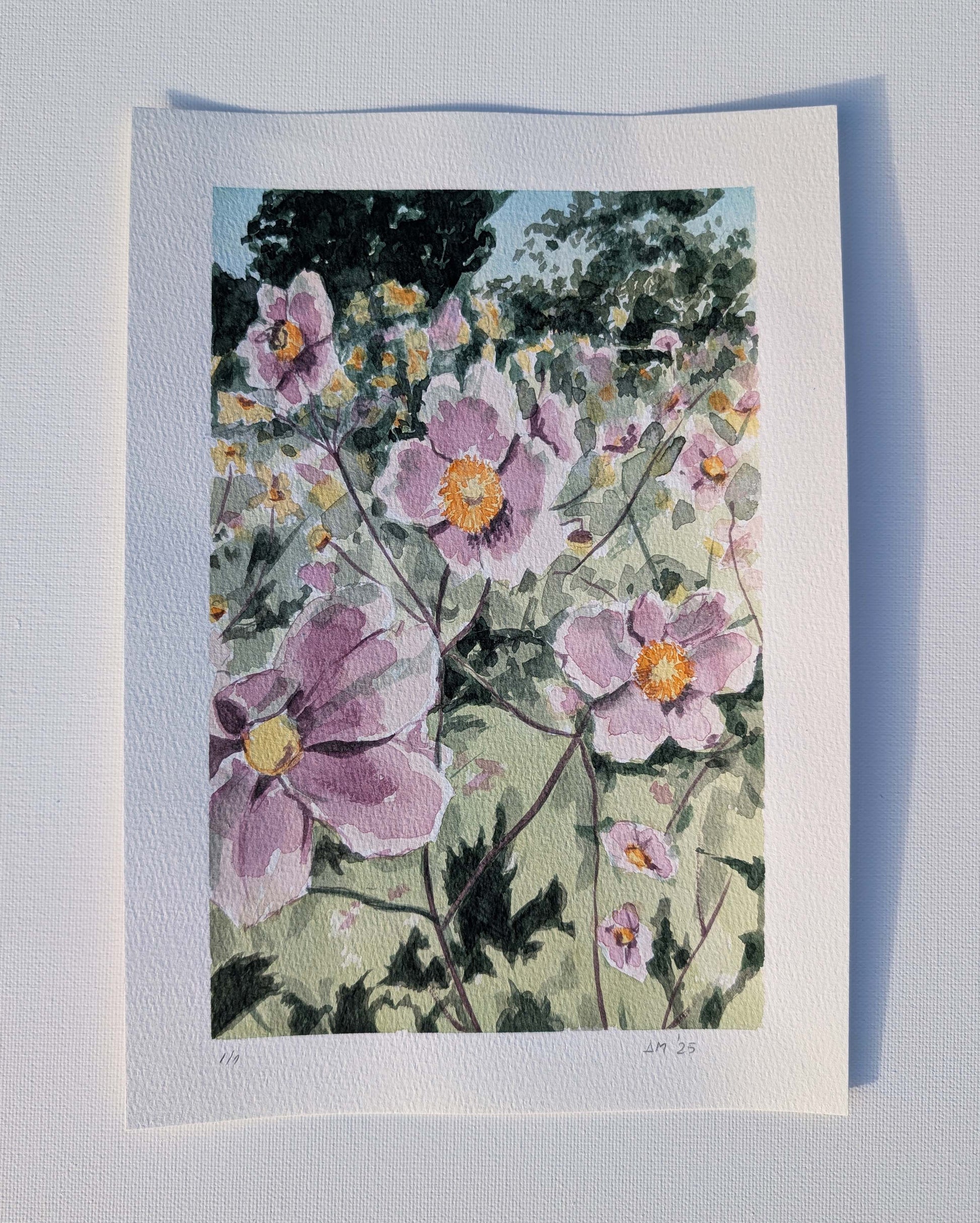 Watercolour painting of soft pink flowers with yellow centres against green foliage, by Daniela Militaru