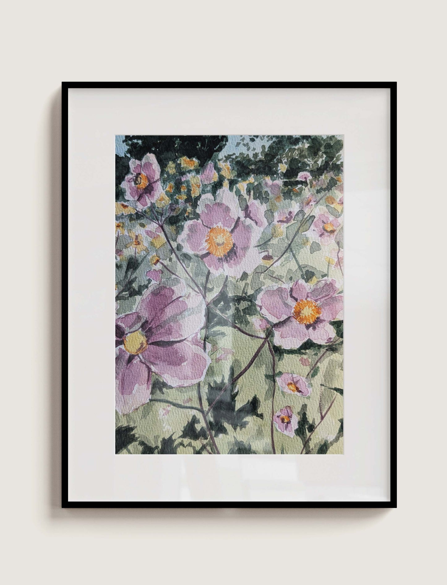 Framed watercolour painting of soft pink flowers with yellow centres against green foliage, by Daniela Militaru