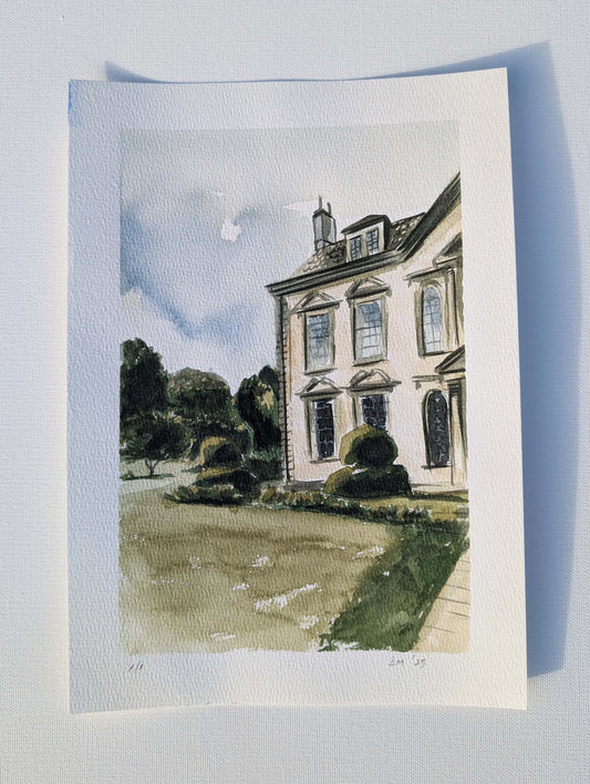 Watercolour of The Courts in Wiltshire, a Georgian house with formal lawn and topiary, by Daniela Militaru
